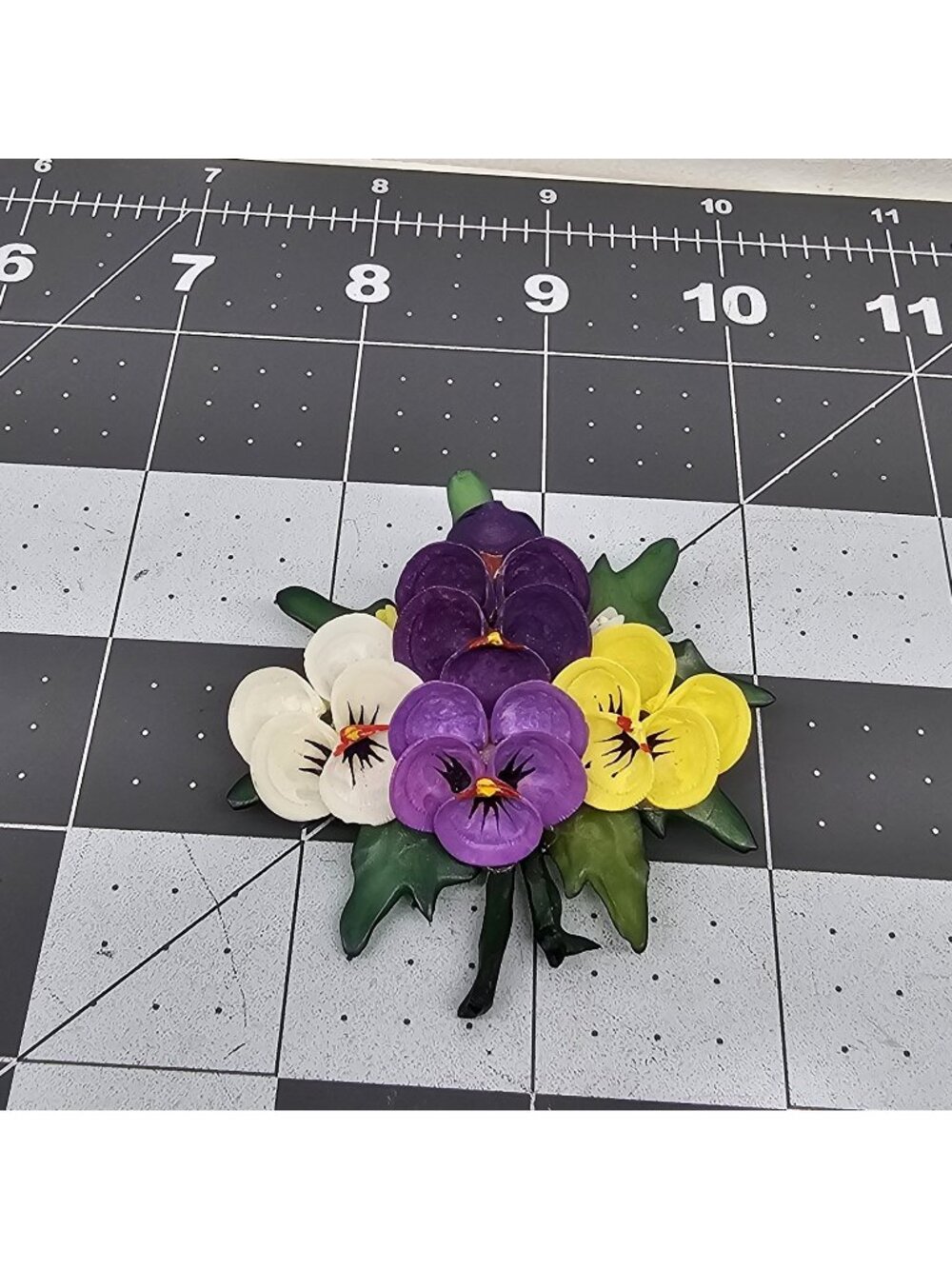 Vintage Handmade Seashell Flower Brooch Pin Purple Yellow Pansy Art Floral Craft